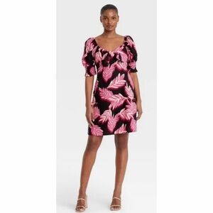 Who What Wear Tropical Pink Puff Sleeve Knot Front Mini Dress XL